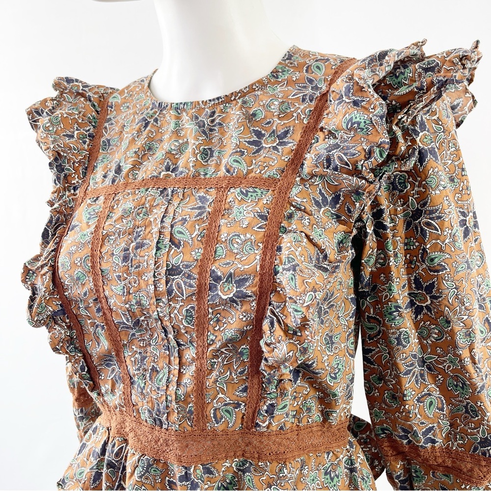 Veronica Beard Long Sleeve Floral WESLAYAN Ruffle Blouse in Cinnamon Brown Sz 2 - Picture 6 of 13